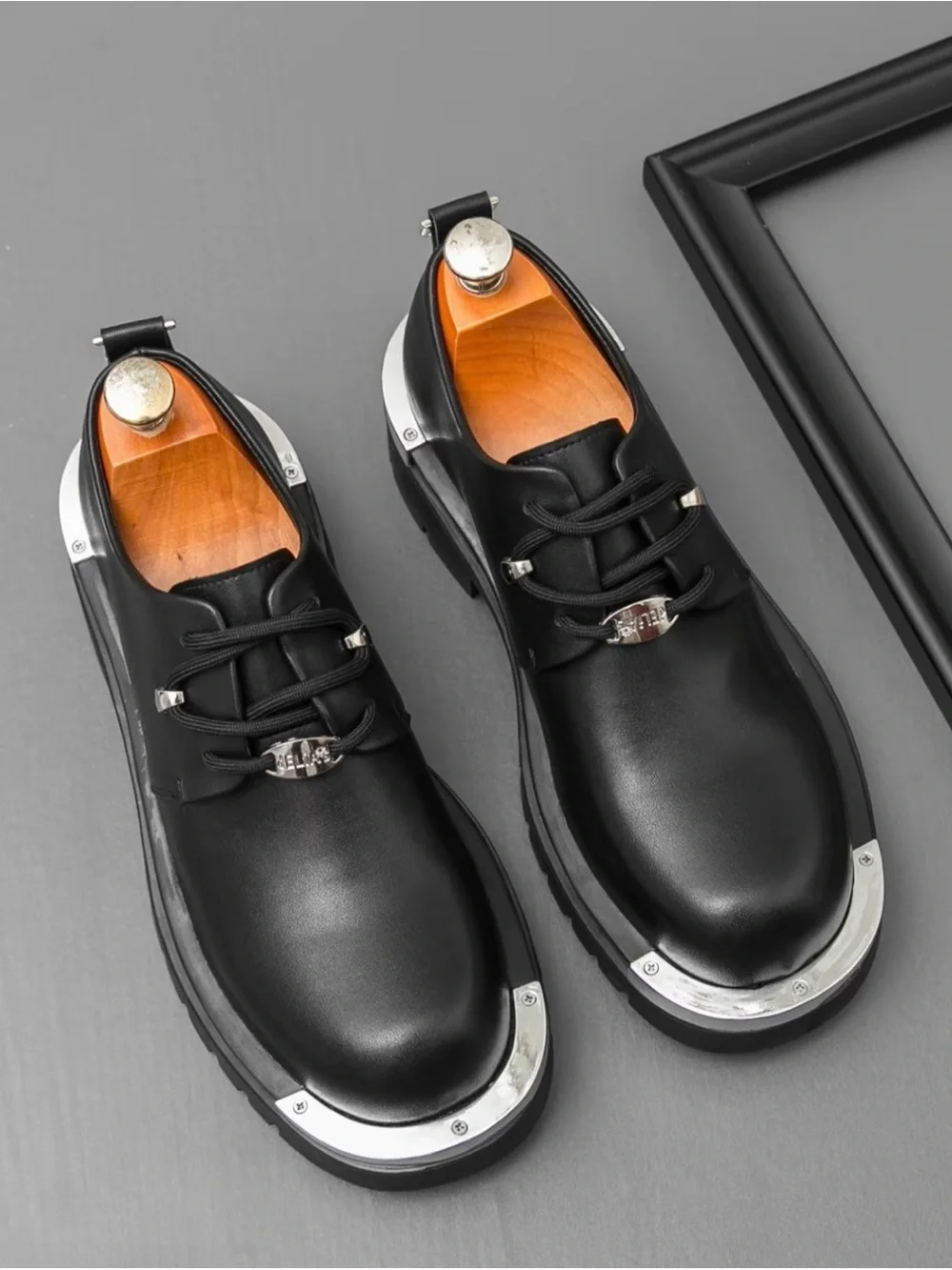 Men's Black Leather Derby with Metal Trim